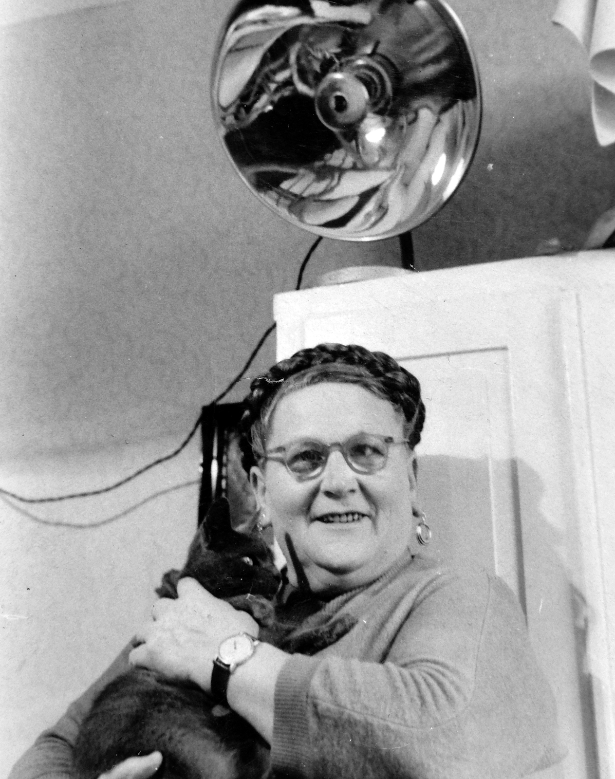 1962, Fortepan, portrait, cat, glasses, wrist watch, interior, lady, earring, heater, tress, Fortepan #7826