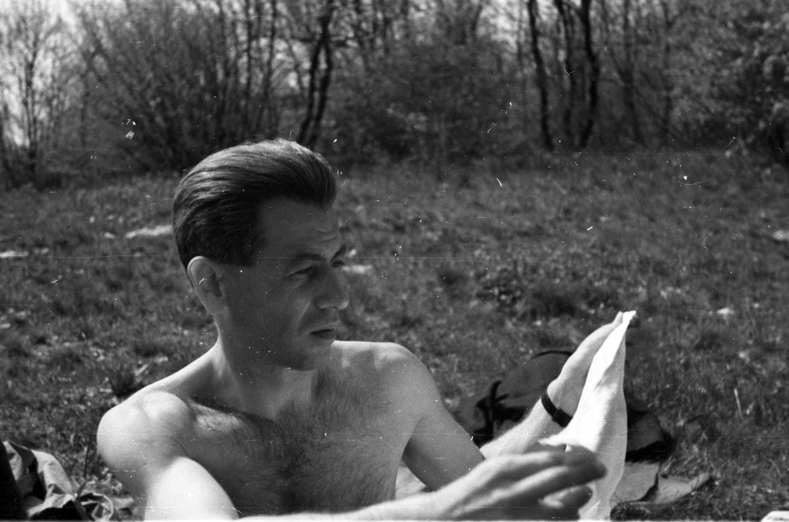 1948, Berkó Pál, man, grass, Fortepan #78582