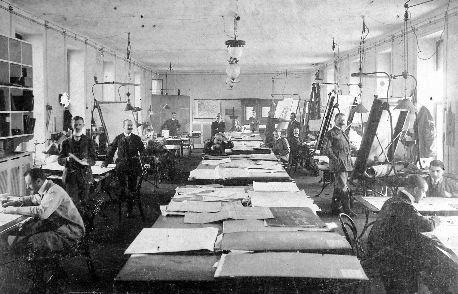 1918, Fortepan, workplace, men, planning, technical drawing, drawing board, work, Fortepan #7867