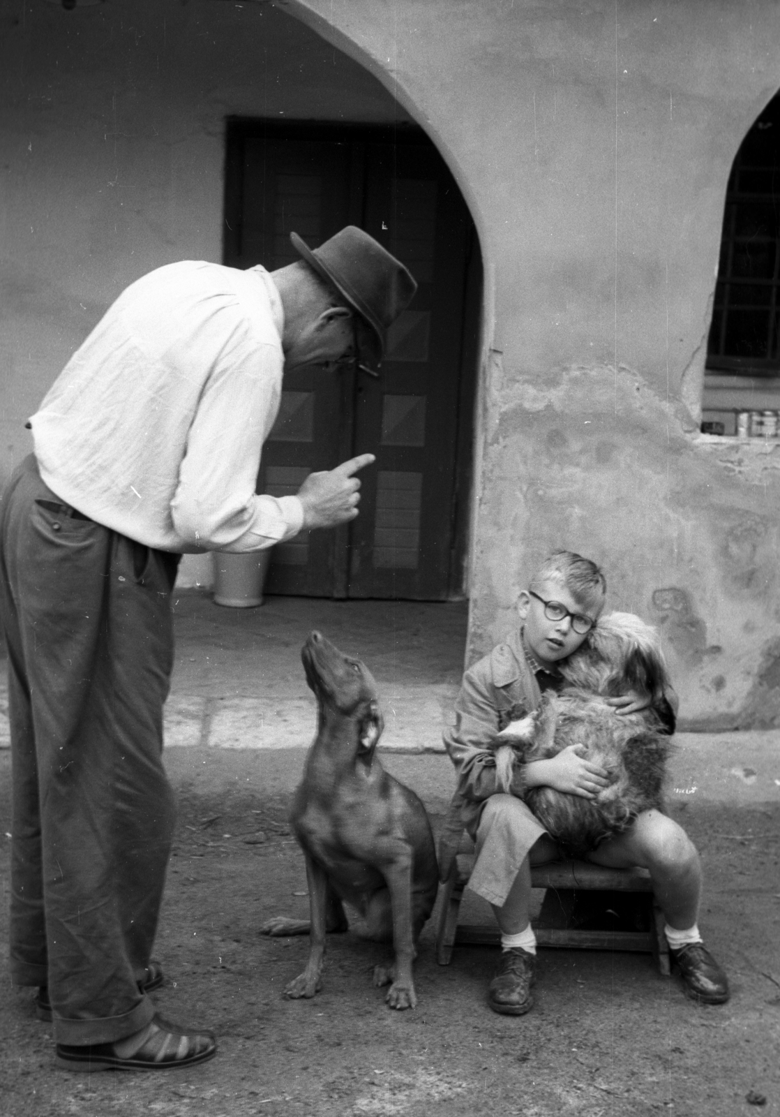 Hungary, Bősárkány, a felvétel a Fakilincs nevű kocsma udvarán készült., 1960, Berkó Pál, gesture, dog, boy, glasses, hat, man, Fortepan #78729