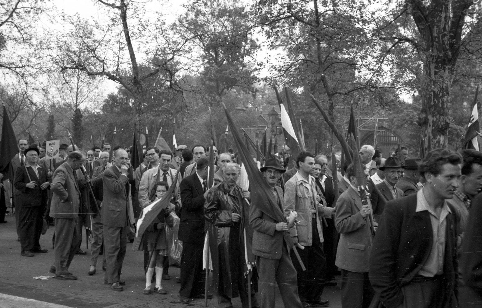Magyarország, Városliget, Budapest XIV., Kós Károly sétány (Városligeti Népköztársaság útja), háttérben a Vajdahunyad vára. Május 1-i felvonulás., 1957, Berkó Pál, Budapest, esőkabát, Fortepan #78802