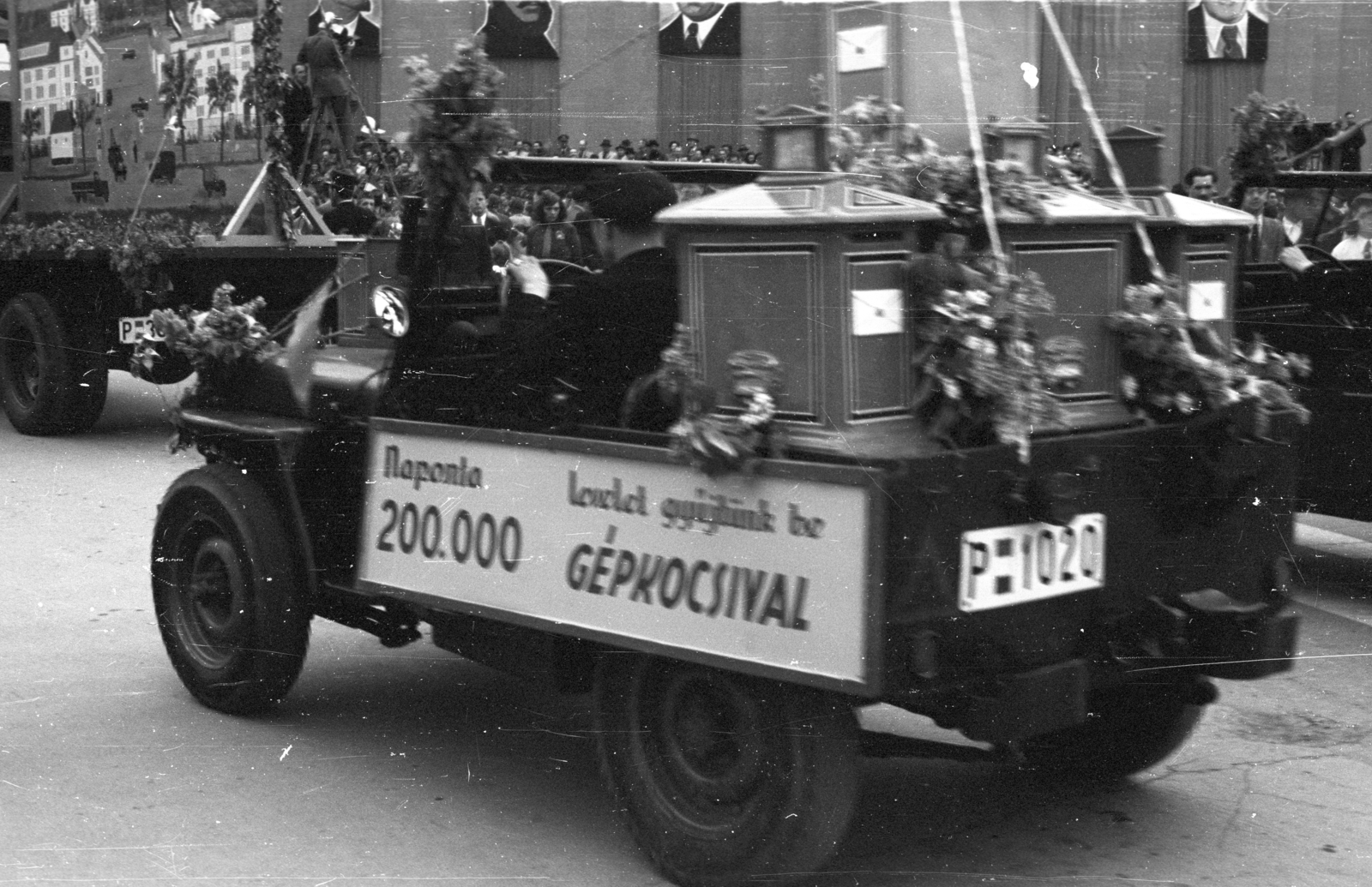 Hungary, Budapest XIV., Hősök tere, május 1-i ünnepség., 1947, Berkó Pál, letter box, Jeep, post, number plate, Budapest, ad truck, Fortepan #78881