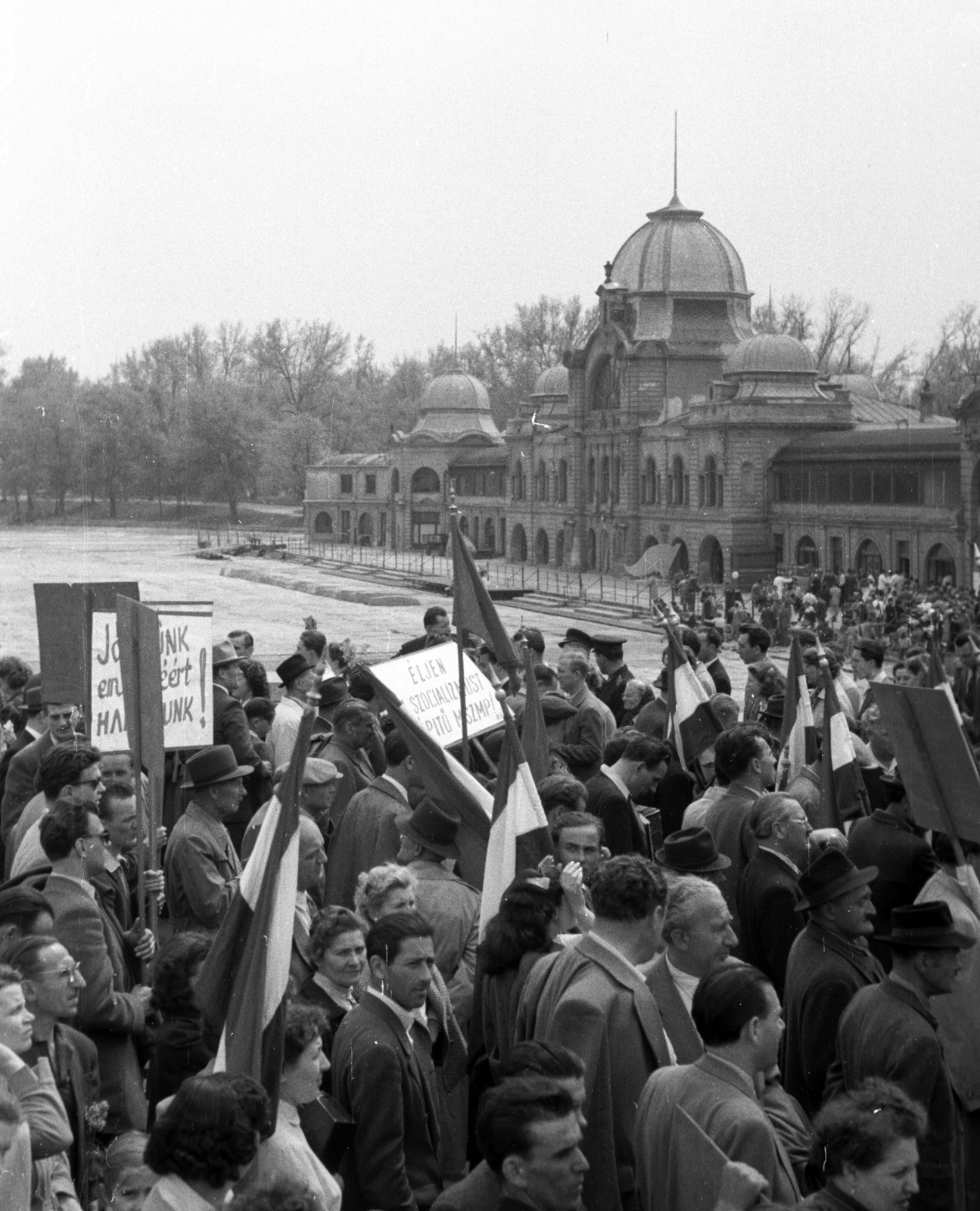 Magyarország, Városliget, Budapest XIV., a Műjégpálya épülete a Városligeti-tó hídjáról nézve. Május 1-i felvonulás., 1957, Berkó Pál, május 1, Budapest, Fortepan #78955