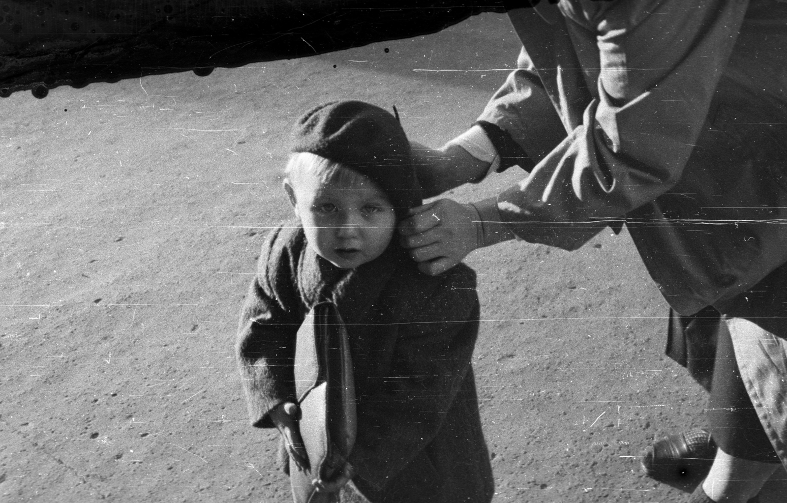 Hungary, Budapest II., a Gyermekvasút (Úttörővasút) Szépjuhászné (Ságvári liget) állomás közelében., 1953, Berkó Pál, beret, kid, Budapest, Fortepan #79004