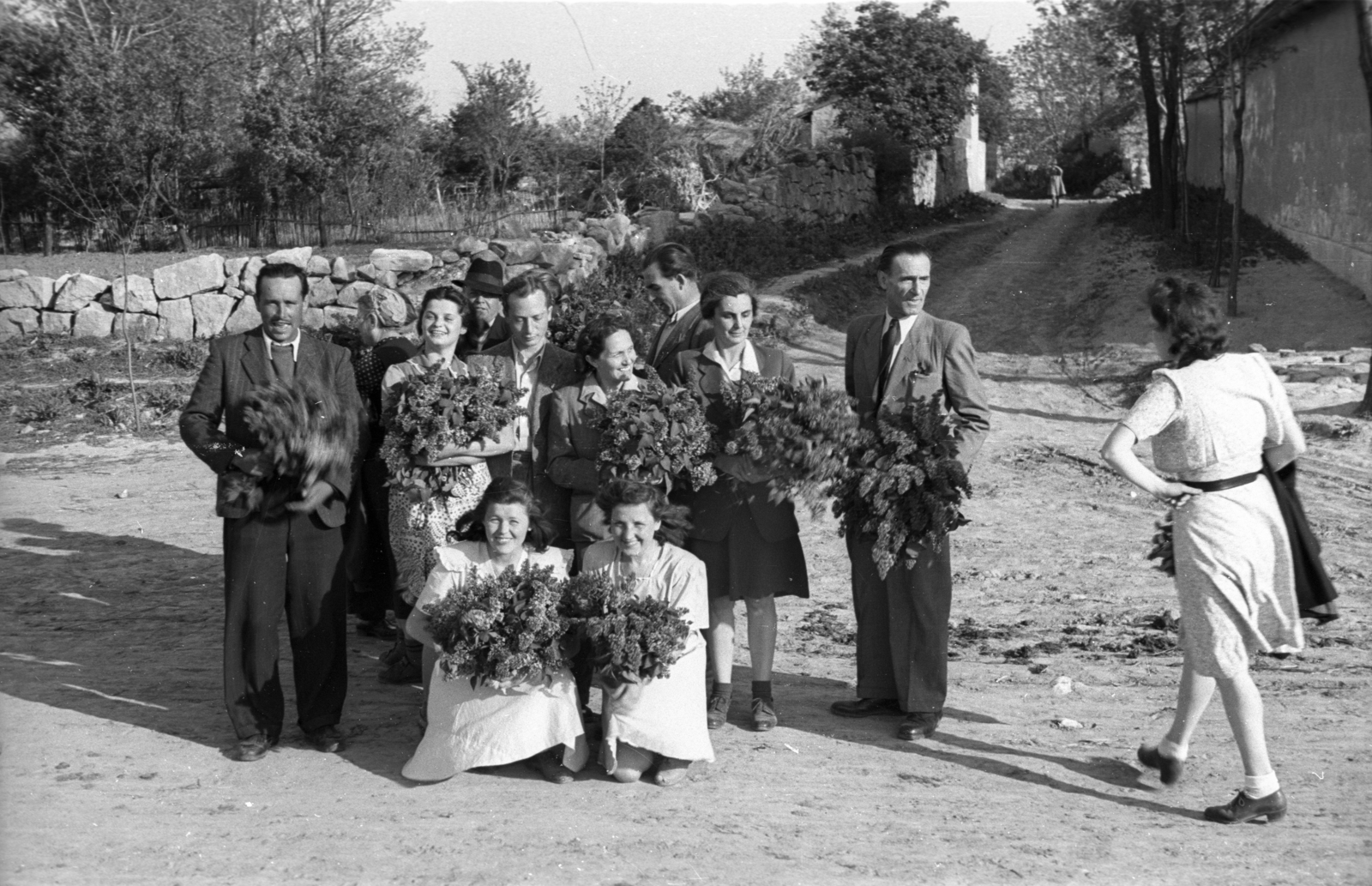 Hungary, Sóskút, 1948, Berkó Pál, tableau, street view, lilac, Fortepan #79066