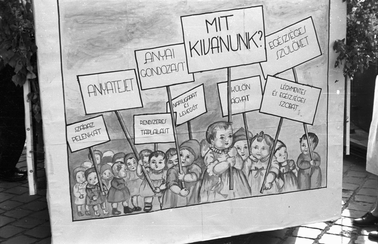1947, Berkó Pál, poster, label, kids, caricature, Fortepan #79075