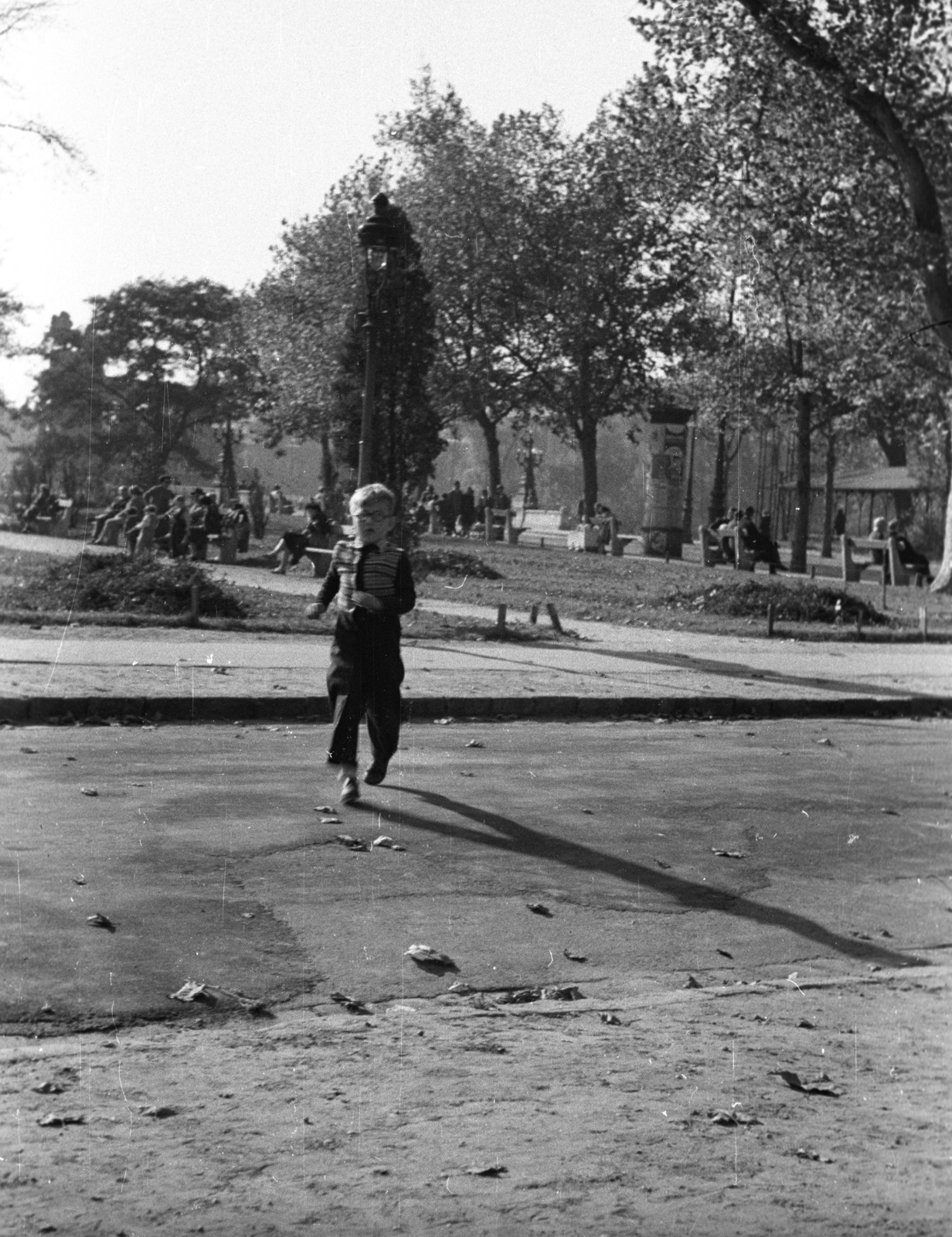 Hungary, Budapest XIV., Vajdahunyad sétány a Városligeti-tó feletti híd és a Kós Károly sétány (Városligeti Népköztársaság útja) felé nézve., 1955, Berkó Pál, Budapest, kid, cardigan, glasses, Fortepan #79160