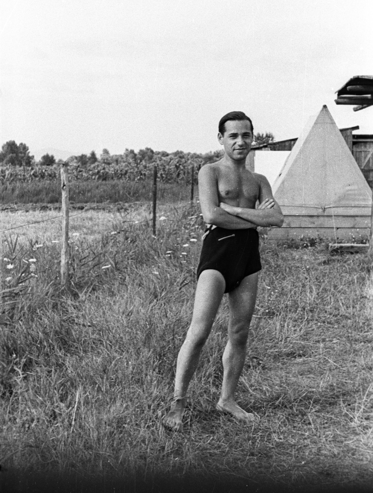 1949, Berkó Pál, bathing suit, tent, arms crossed over the chest, man, Fortepan #79331