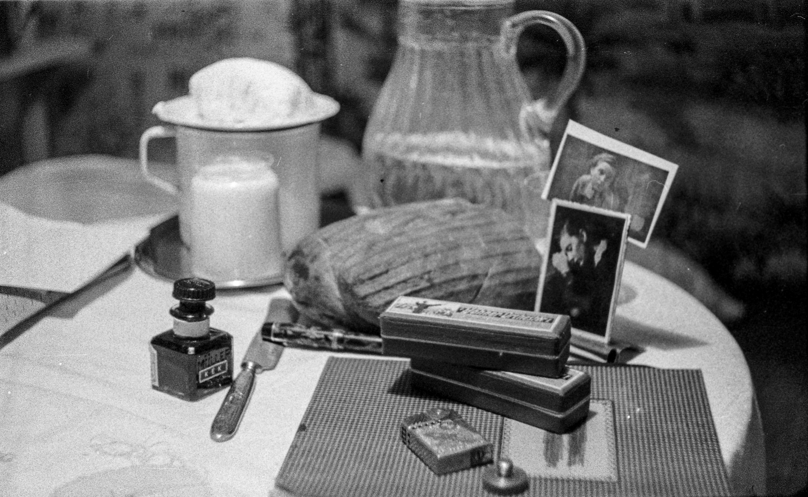 1941, Berkó Pál, still life, ink bottle, table, copybook, loaf of bread, lighter, jug, cutlery, cigarette case, Fortepan #79505