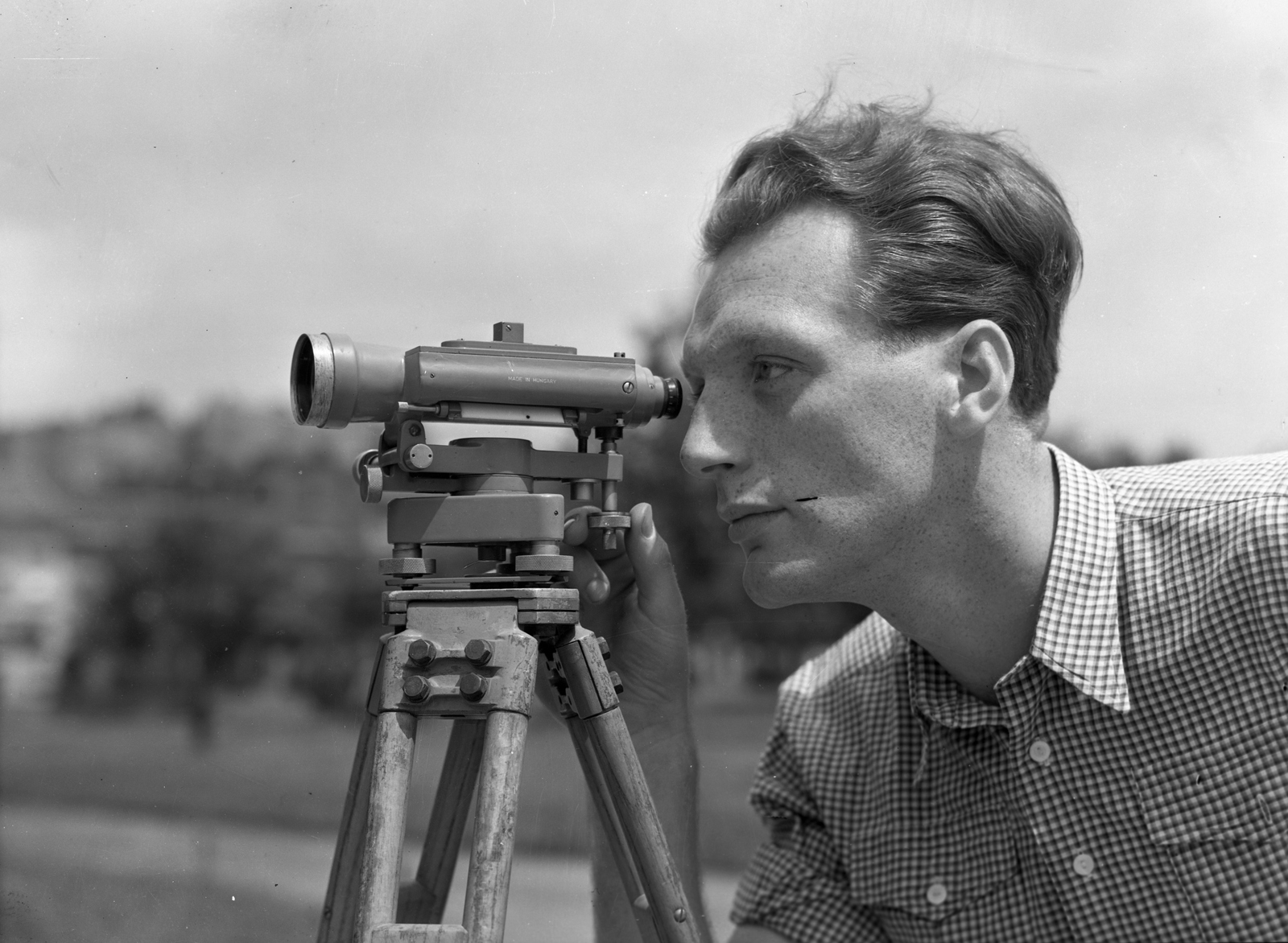 1950, UVATERV, theodolite, plaid shirt, Fortepan #79607