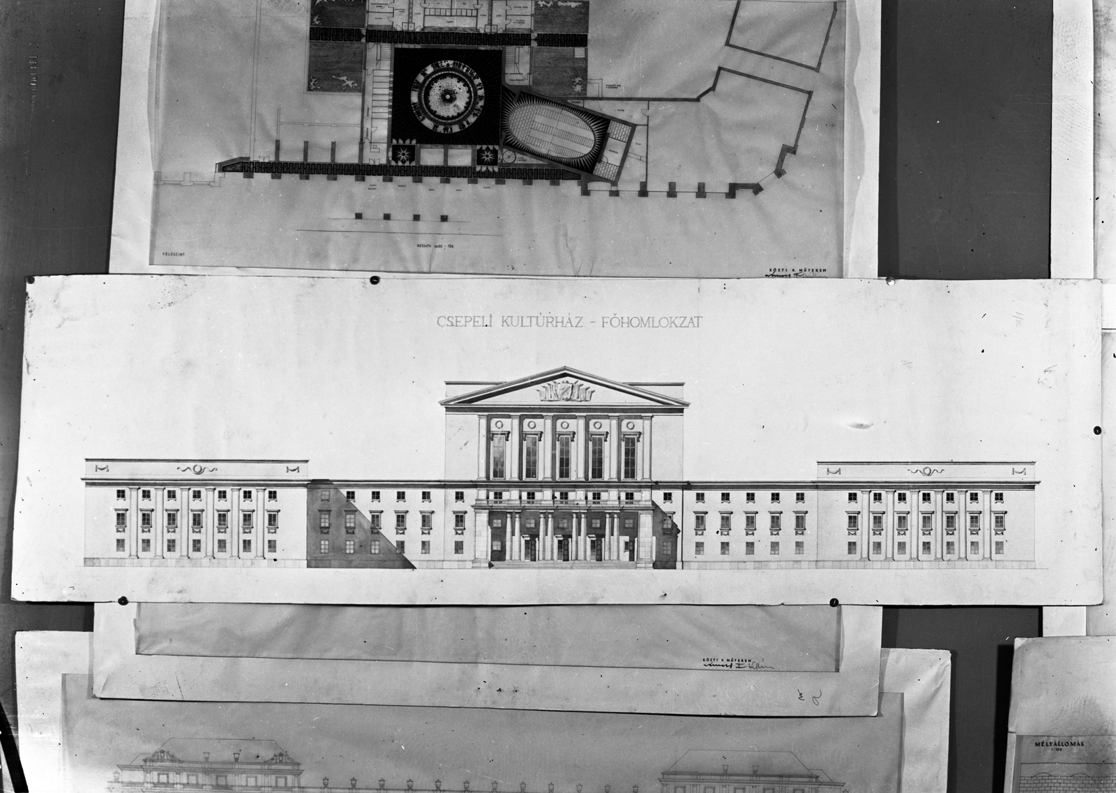 Hungary, Budapest, a Csepeli Kultúrpalota tervpályázatára készített homlokzatterv., 1951, UVATERV, planning, socialist realism, design competition, Fortepan #79626
