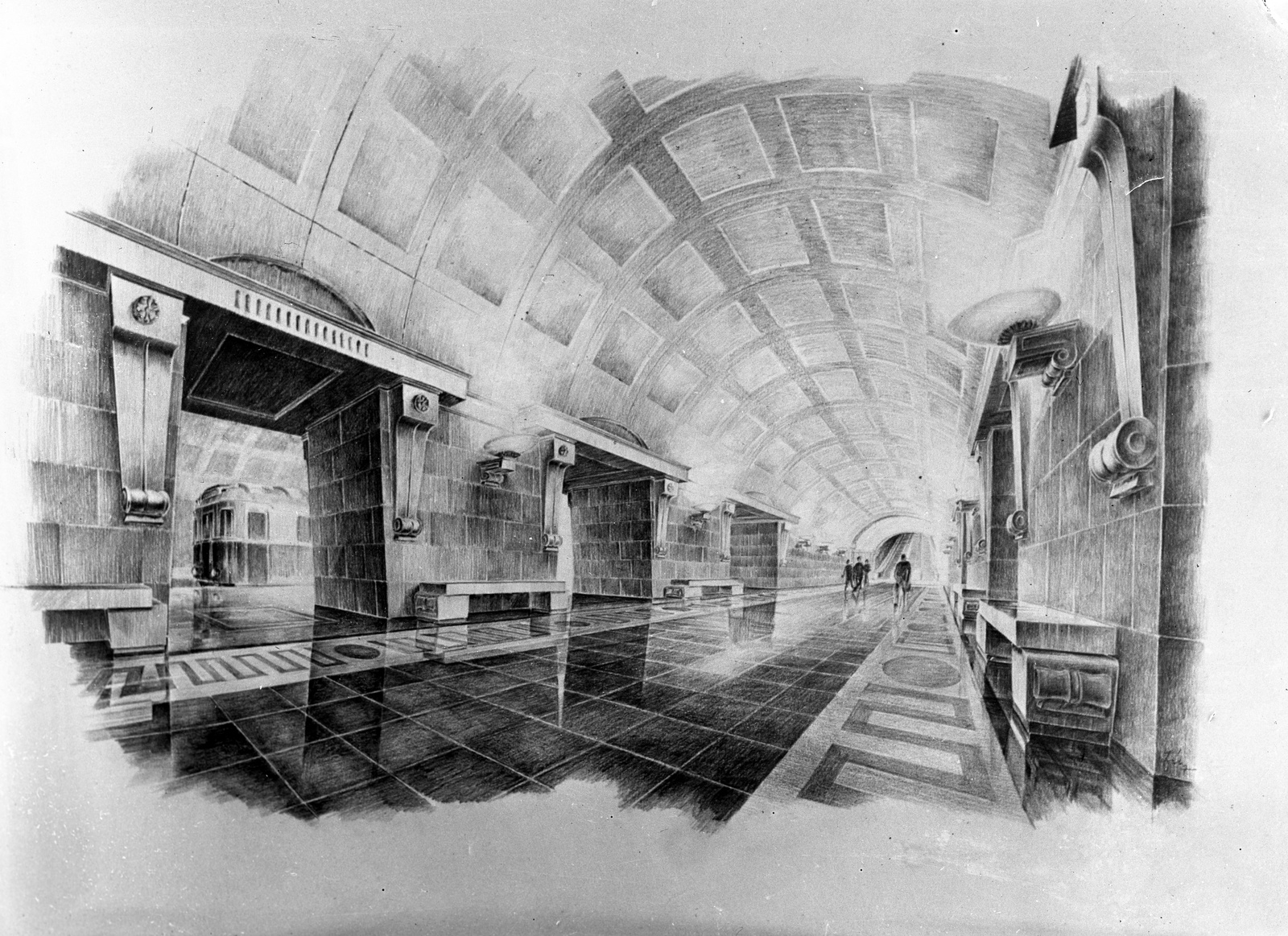 Hungary, Budapest, a Blaha Lujza térre, az 1950-es években, tervezett szocreál metróállomás rajza., 1952, UVATERV, socialist realism, subway station, design competition, drawing, Fortepan #79639