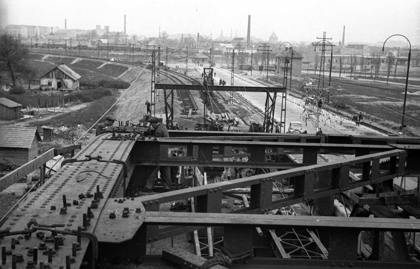 Magyarország, Budapest IX., Kvassay híd szerelése a csepeli gyorsvasút kiépítésekor., 1950, UVATERV, Csepel-márka, hídépítés, HÉV, Budapest, Fortepan #79923