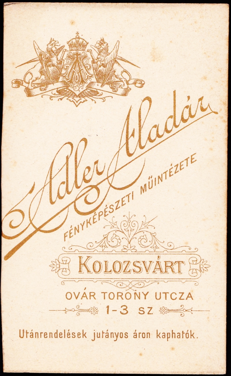 Románia,Erdély, Kolozsvár, Ovár Torony utca 1-3., Adler Aladár fényképészeti műintézete., 1900, Fortepan, műterem, fényképész, hátlap, Fortepan #81003