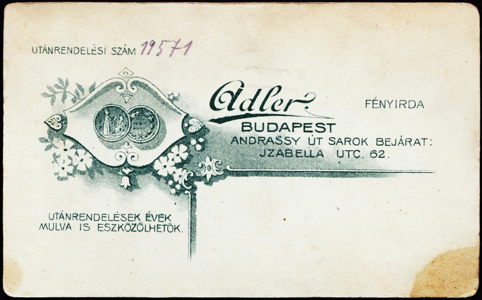 Hungary, Budapest VI., Izabella utca 62., Adler Lajos fényírdai műterme., 1900, Fortepan, studio, photographer, verso, Budapest, Fortepan #81004