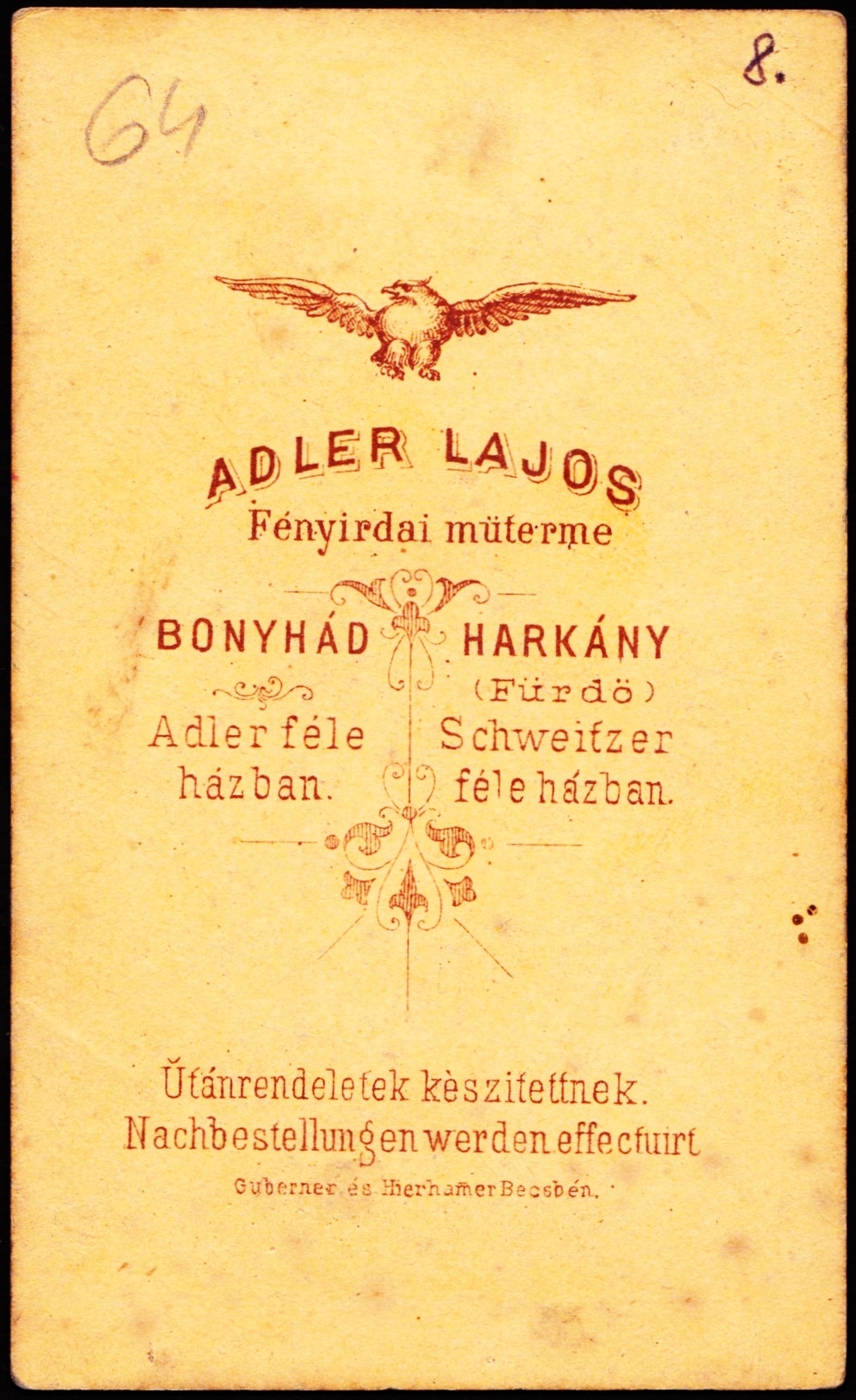 Hungary, Bonyhád,Harkány, Adler féle házban / Schweitzer féle házban, Adler Lajos fényirdai műterme., 1900, Fortepan, studio, photographer, verso, Fortepan #81005