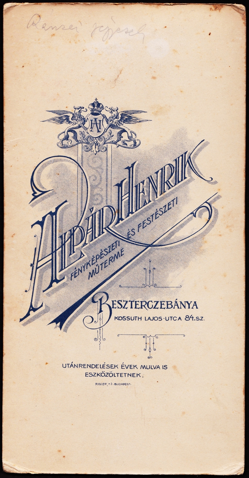 Slovakia, Banská Bystrica, Kossuth Lajos utca 84., Alpár Henrik fényképészeti és festészeti műterme., 1906, Fortepan, studio, photographer, verso, Fortepan #81006