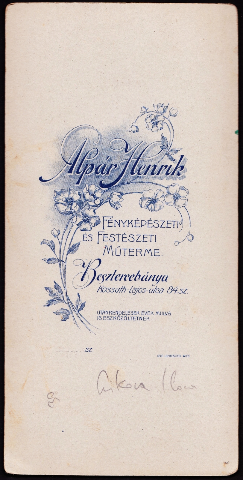 Slovakia, Banská Bystrica, Kossuth Lajos utca 84., Alpár Henrik fényképészeti és festészeti műterme., 1904, Fortepan, studio, photographer, verso, Fortepan #81007