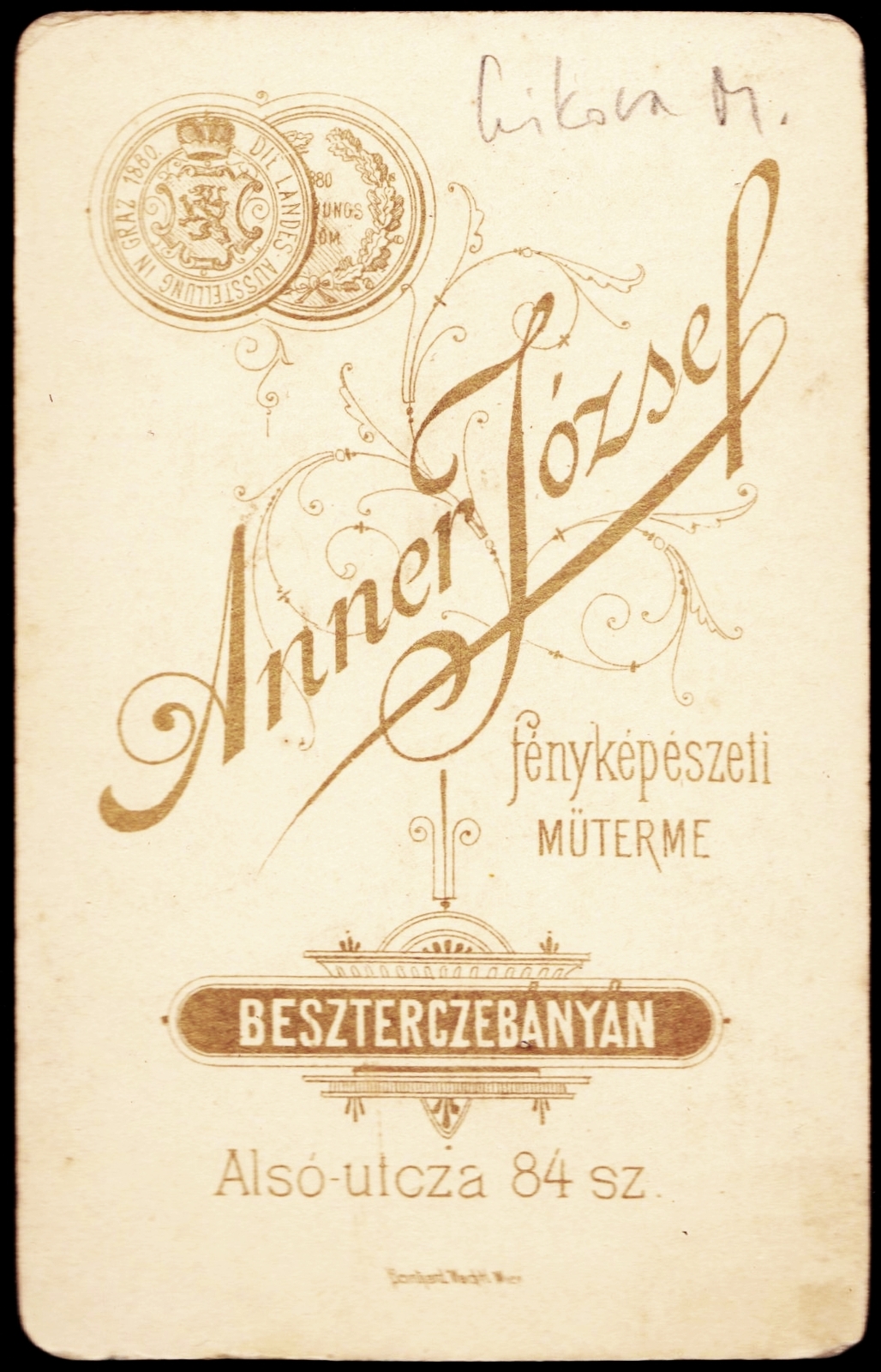 Slovakia, Banská Bystrica, Alsó utca 84., Anner József fényképészeti műterme., 1900, Fortepan, studio, photographer, verso, Fortepan #81010