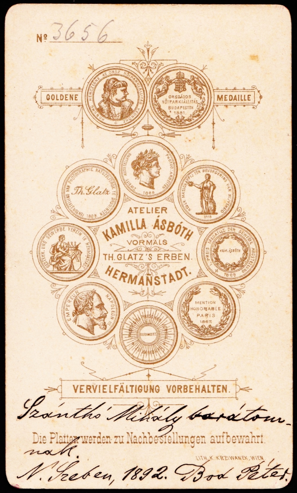 Románia,Erdély, Nagyszeben, Asbóth Kamilla műterme., 1900, Fortepan, műterem, fényképész, hátlap, Fortepan #81013