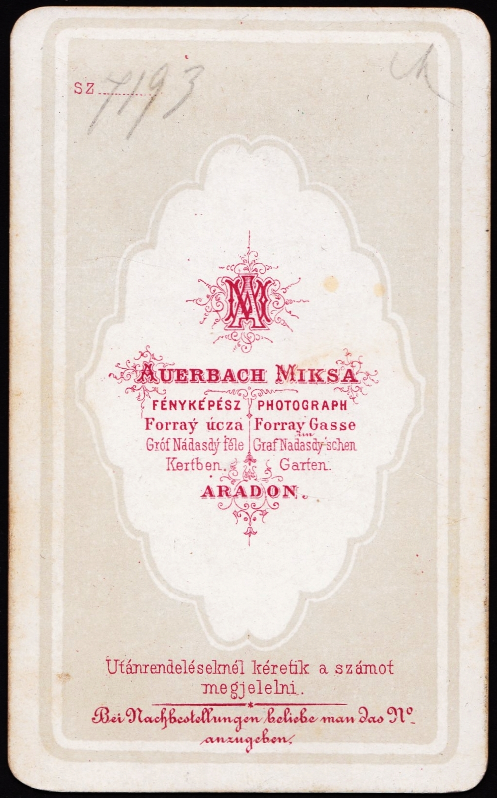 Románia, Arad, Forray utca, Auerbach Miksa fényképész a Nádasdy féle Kertben., 1900, Fortepan, műterem, fényképész, hátlap, Fortepan #81016