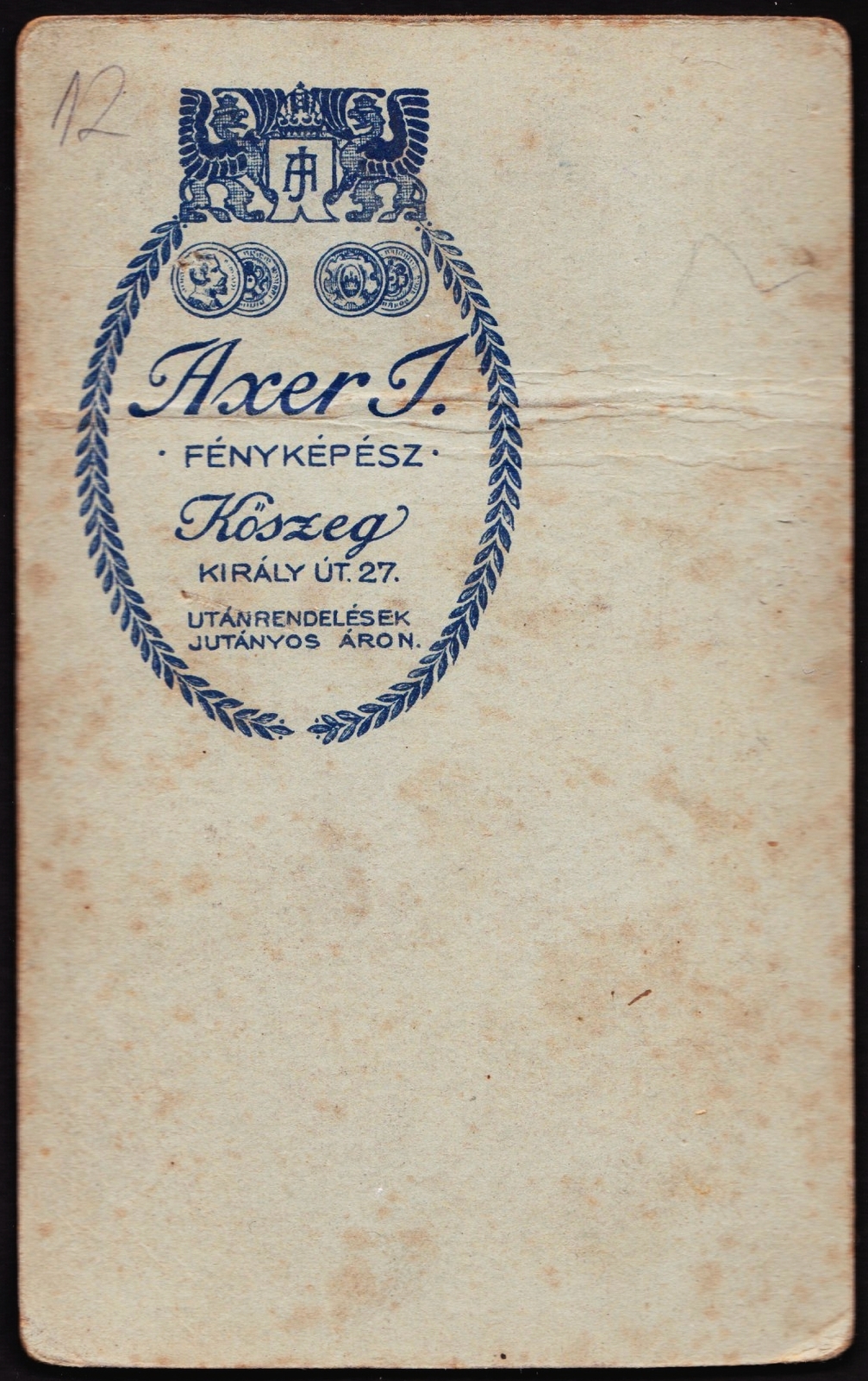 Hungary, Kőszeg, Király út 27., Axer J. fényképész., 1920, Fortepan, studio, photographer, verso, Fortepan #81018