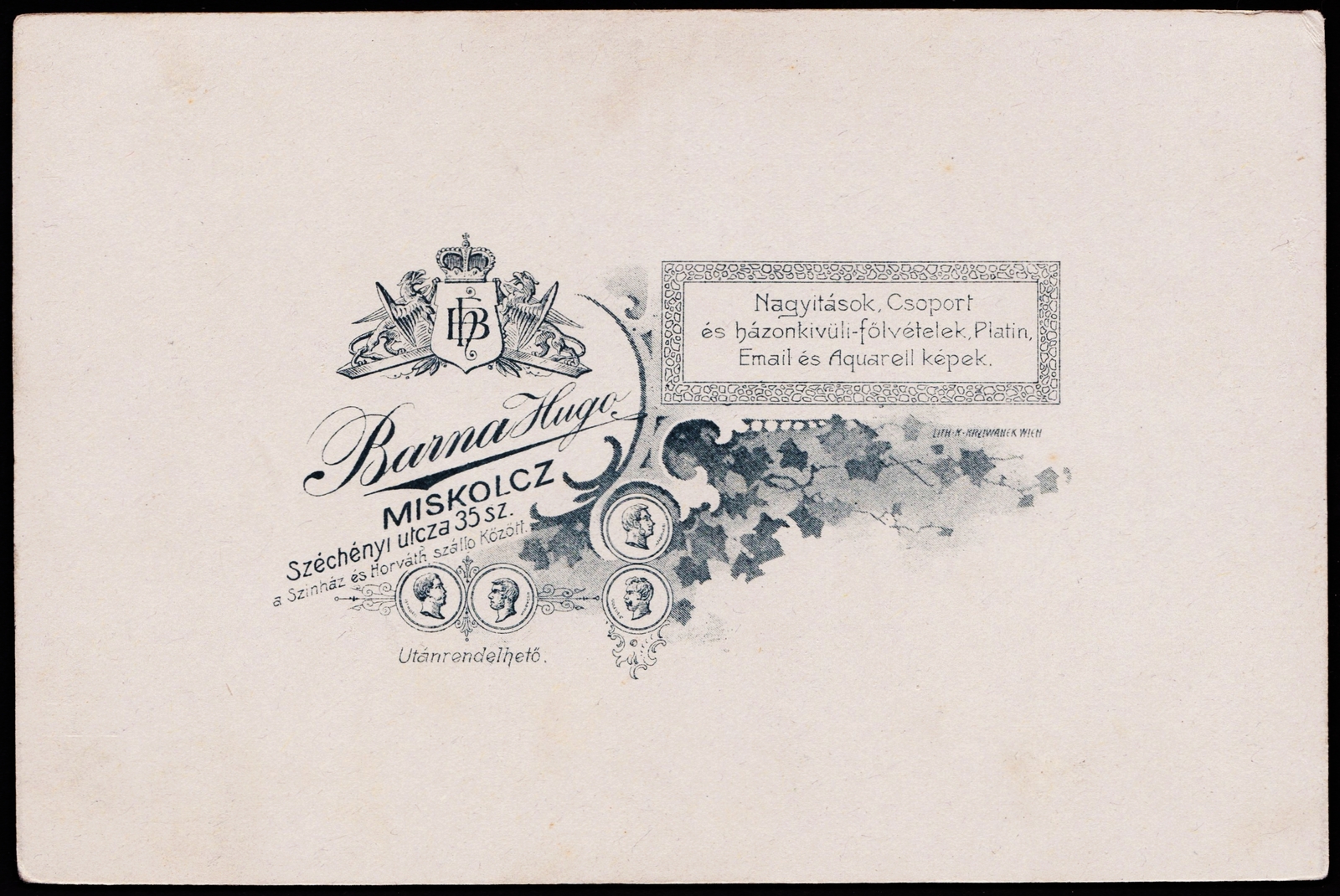 Hungary, Miskolc, Széchenyi utca 35., Barna Hugo fényképész., 1904, Fortepan, studio, photographer, verso, Fortepan #81024
