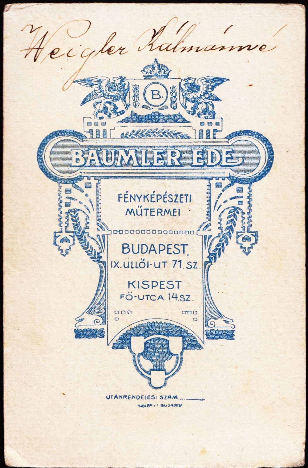 Hungary, Budapest IX.,Budapest XIX., Üllői út 71. / Fő utca 14., Bäumler Ede fényképészeti műterme., 1900, Fortepan, studio, photographer, verso, Budapest, Fortepan #81028