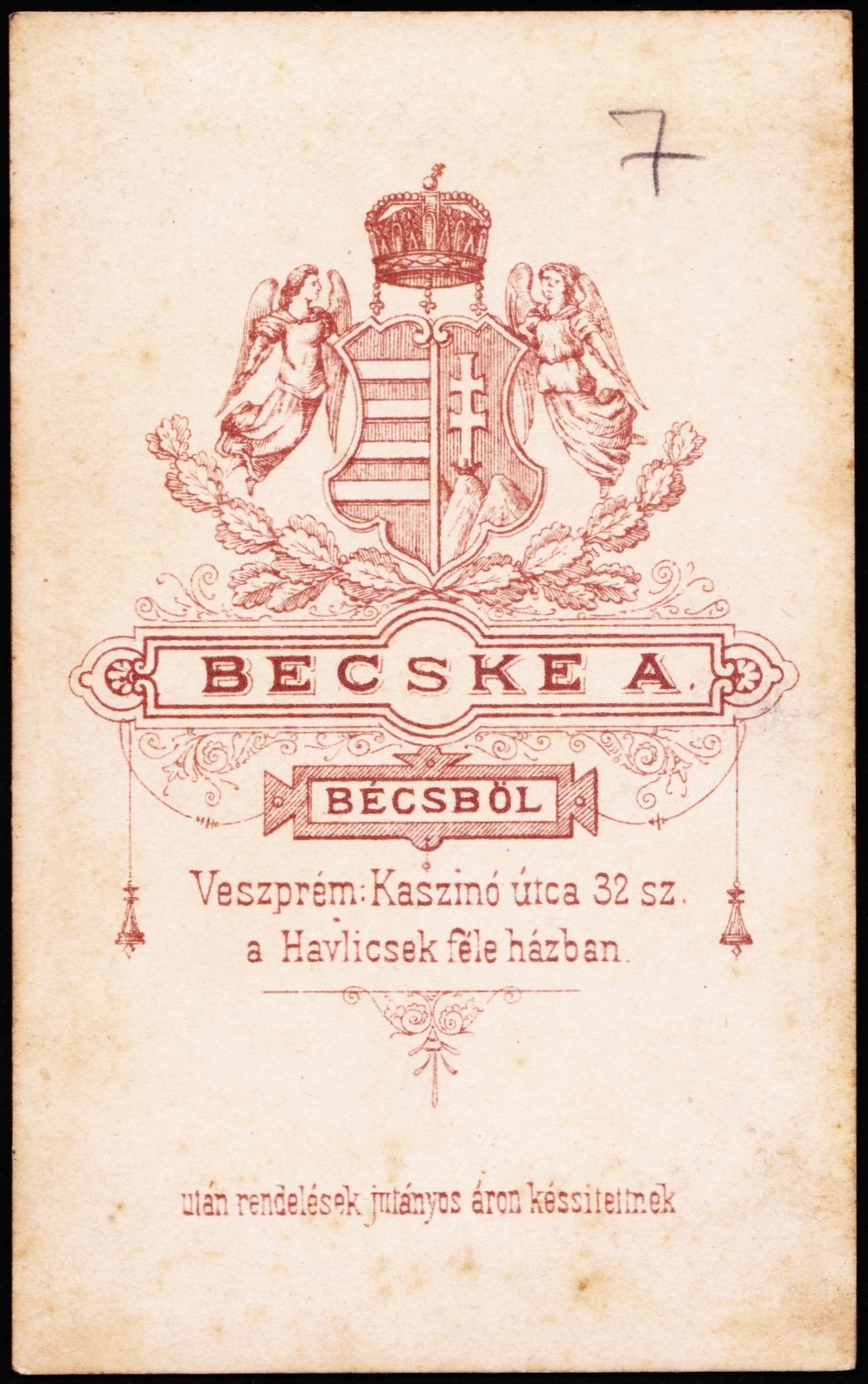 Magyarország, Veszprém, Kaszinó utca 32., Becske Aladár fényképészeti műterme., 1900, Fortepan, műterem, fényképész, hátlap, Fortepan #81030