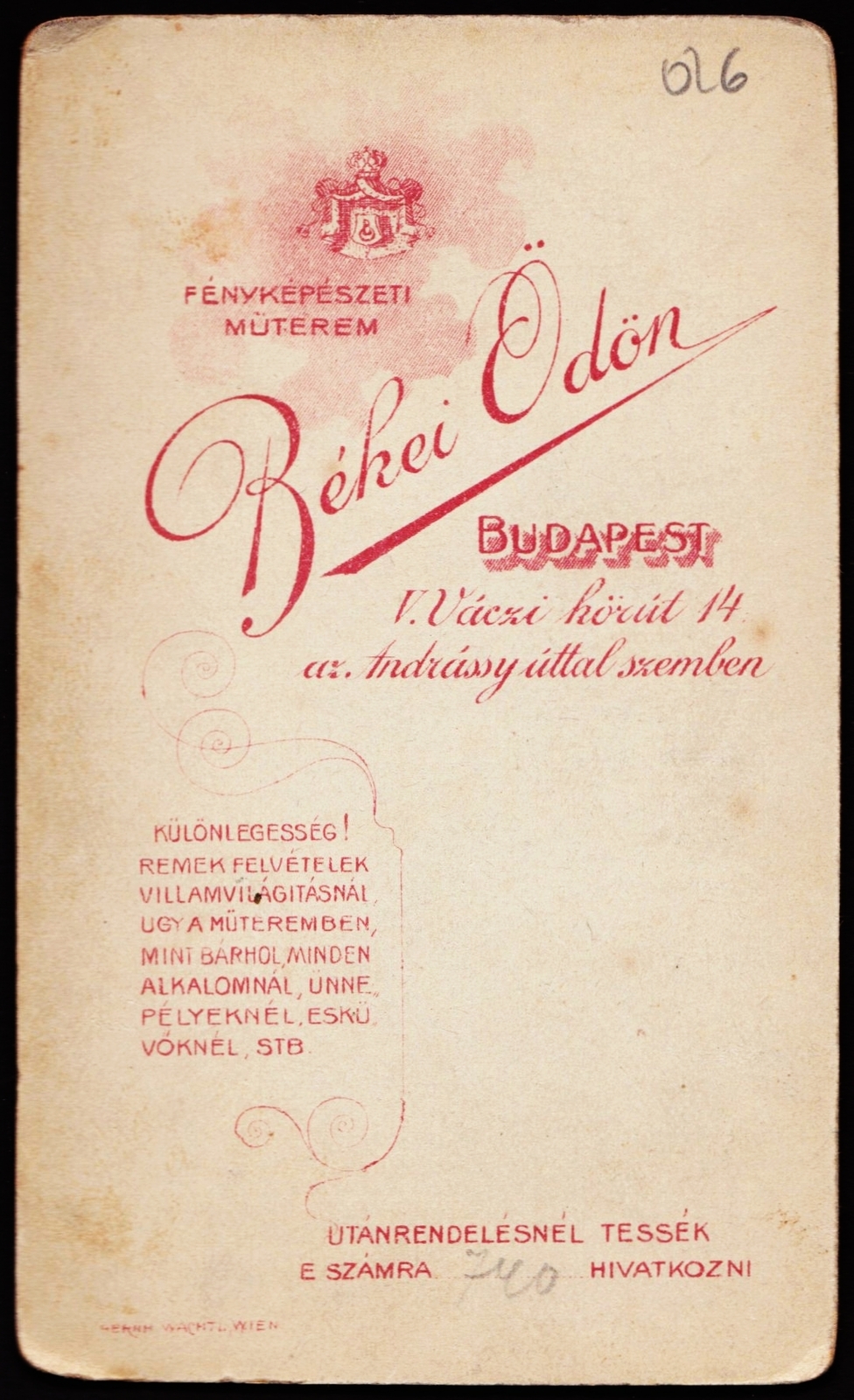 Magyarország, Budapest V., Bajcsy-Zsilinszky út (Váci körút) 14., Békei Ödön fényképészeti műterme., 1900, Fortepan, műterem, fényképész, hátlap, Budapest, Fortepan #81034
