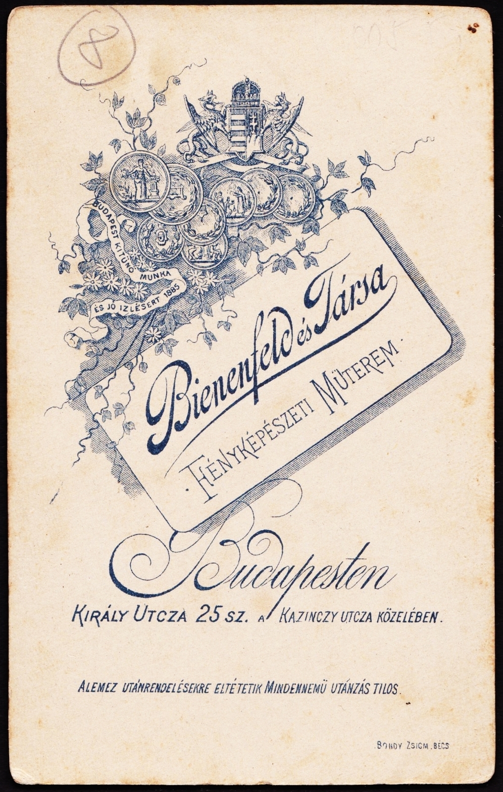 Hungary, Budapest VII., Király utca 25., Bienenfeld Zsigmond és Társa fényképészeti műterem.., 1900, Fortepan, studio, photographer, verso, Budapest, Fortepan #81043