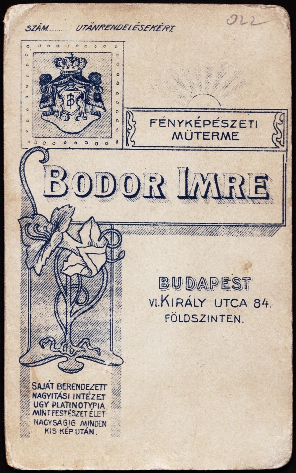 Magyarország, Budapest VI., Király utca 84., Bodor Imre fényképészeti műterme., 1907, Fortepan, műterem, fényképész, hátlap, Budapest, Fortepan #81045