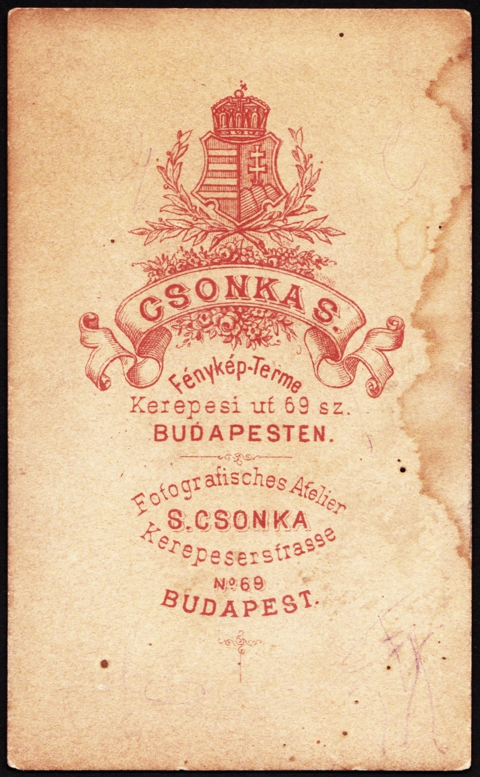 Hungary, Budapest VIII., Rákóczi (Kerepesi) út 69., Csonka Simon fénykép-terme., 1900, Fortepan, studio, photographer, verso, Budapest, Fortepan #81075