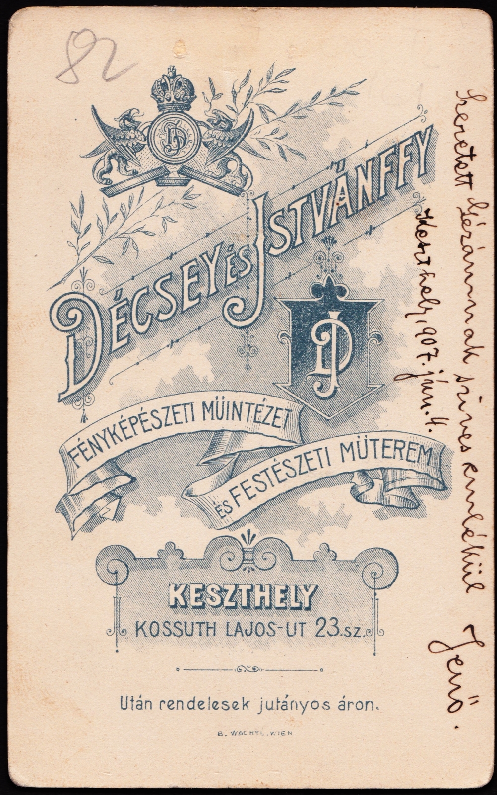 Magyarország,Balaton, Keszthely, Kossuth Lajos út 23., Décsey és Istvánffy fényképészeti műintézete és festészeti műterme., 1907, Fortepan, műterem, fényképész, hátlap, Fortepan #81078