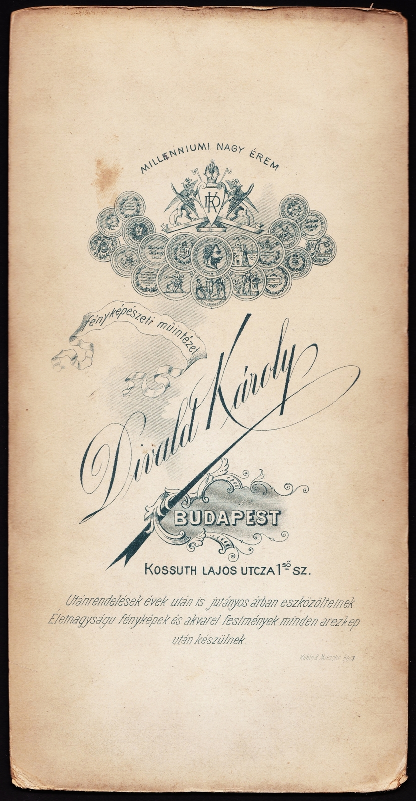 Hungary, Budapest V., Kossuth Lajos utca 1., Divald Károly fényképészeti műintézete., 1900, Fortepan, studio, photographer, verso, Budapest, Fortepan #81085