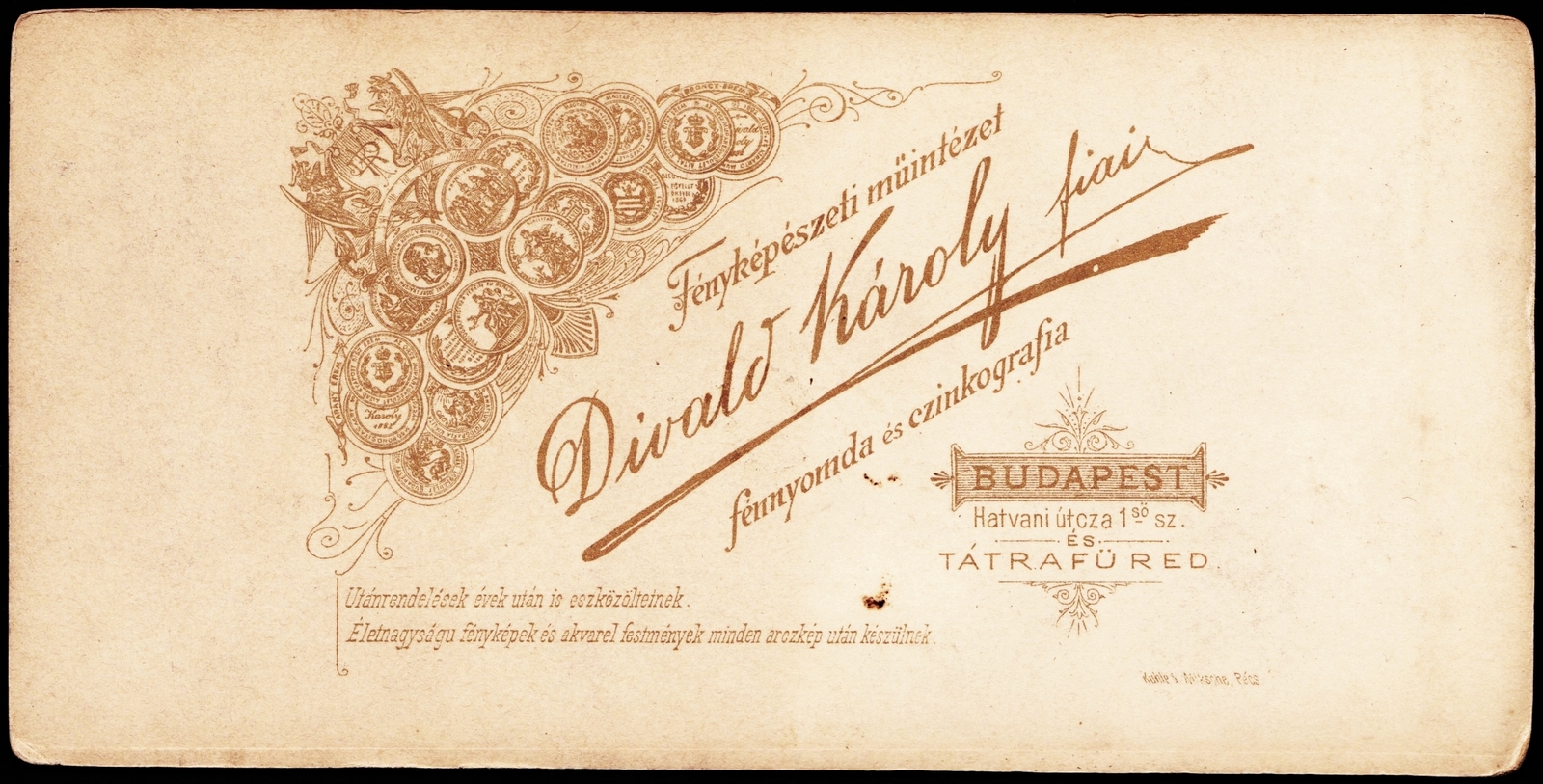 Hungary, Budapest V., Kossuth Lajos (Hatvani) utca 1., Divald Károly fiai fényképészeti műintézete, fénynyomda és czinkografia., 1900, Fortepan, studio, photographer, verso, Budapest, Fortepan #81088