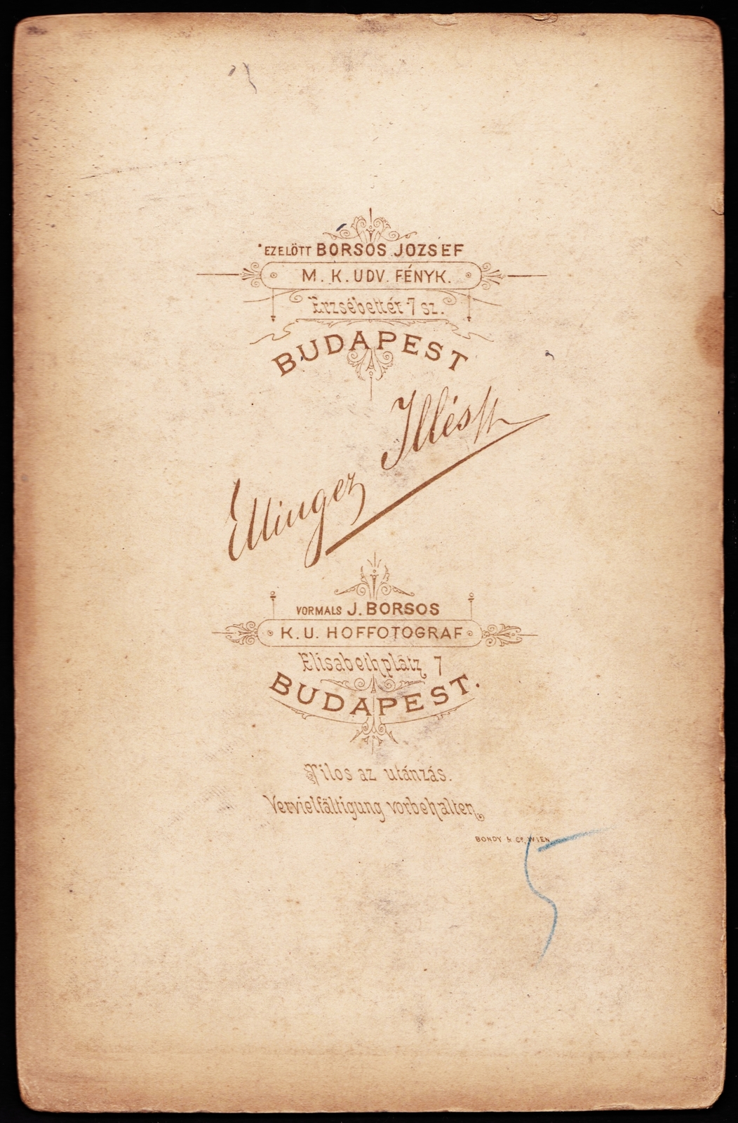 Hungary, Budapest V., Erzsébet tér 7., Ellinger Illés (előtte Borsos József) fényképész., 1900, Fortepan, studio, photographer, verso, Budapest, Fortepan #81102