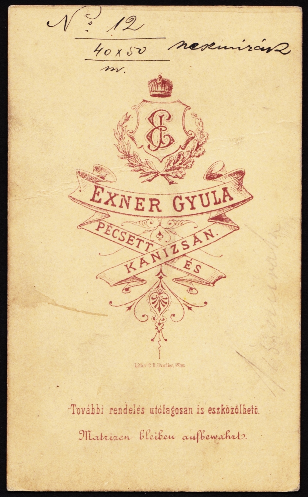 Hungary, Nagykanizsa,Pécs, Exner Gyula fényképészete., 1900, Fortepan, studio, photographer, verso, Fortepan #81108