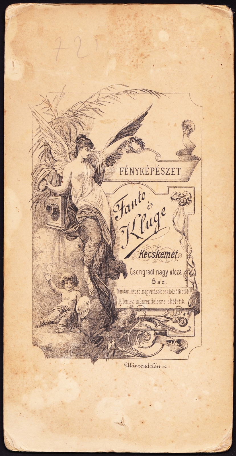 Magyarország, Kecskemét, Csongrádi nagy utca 8., Fanto és Kluge fényképészete., 1900, Fortepan, műterem, fényképész, hátlap, Fortepan #81110
