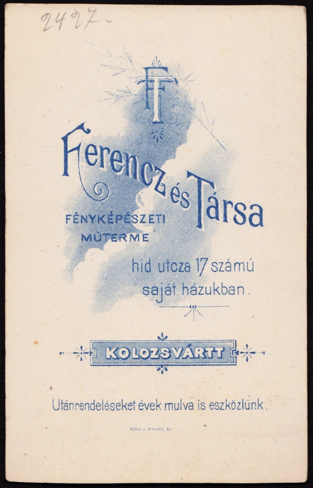 Romania, Cluj-Napoca, Híd utca 17., Ferencz és Társa fényképészeti műterme., 1905, Fortepan, studio, photographer, verso, Fortepan #81112