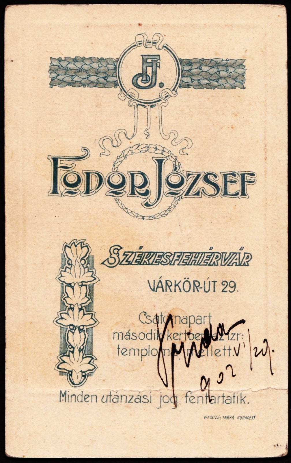 Hungary, Székesfehérvár, Várkörút 29., Fodor József fényképész., 1902, Fortepan, studio, photographer, verso, Fortepan #81116