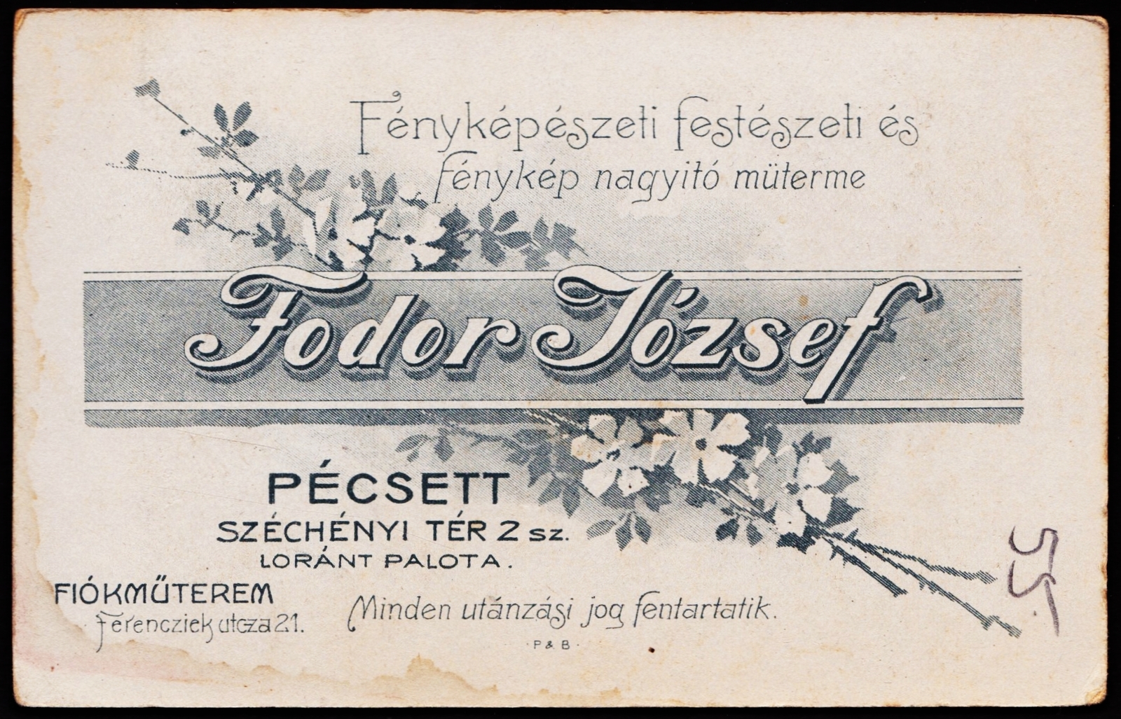 Hungary, Pécs, Széchenyi tér 2., Fodor József fényképészeti, festészeti és fénykép nagyító műterme., 1908, Fortepan, studio, photographer, verso, Fortepan #81117