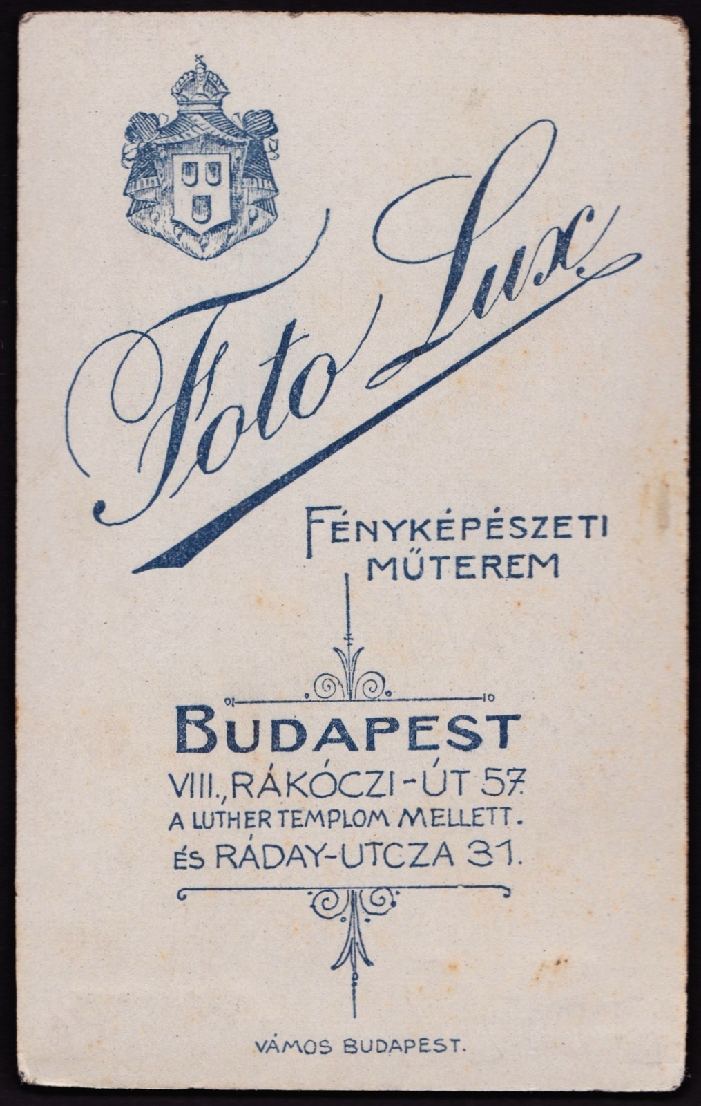 Hungary, Budapest VIII., Rákóczi út 57., Fotó Lux fényképészeti műterem., 1900, Fortepan, studio, photographer, verso, Budapest, Fortepan #81120