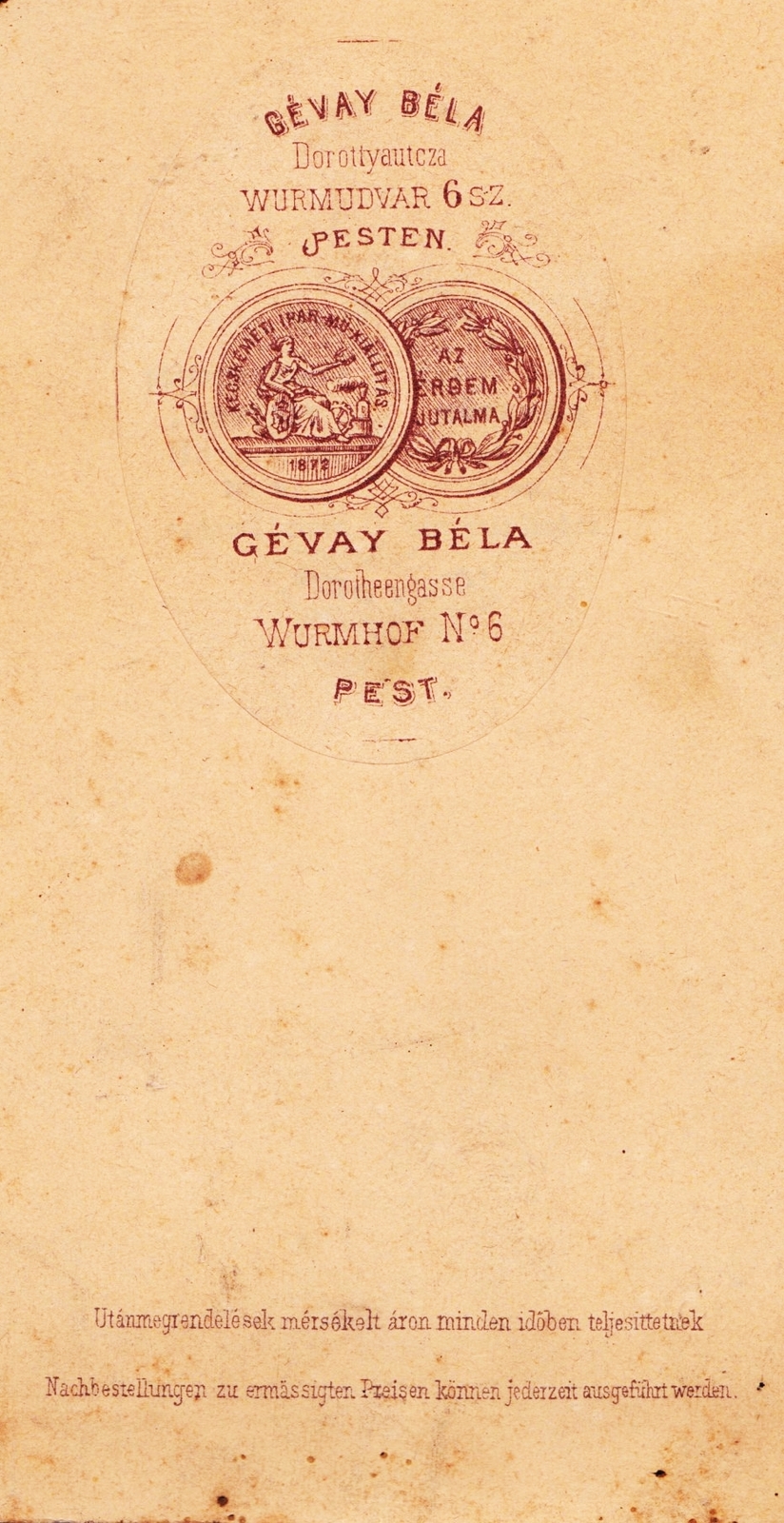 Hungary, Budapest V., Dorottya utca 6., Wurm udvar (később Dorottya-palota)., Gévay Béla fényképész., 1900, Fortepan, studio, photographer, verso, Budapest, Fortepan #81128