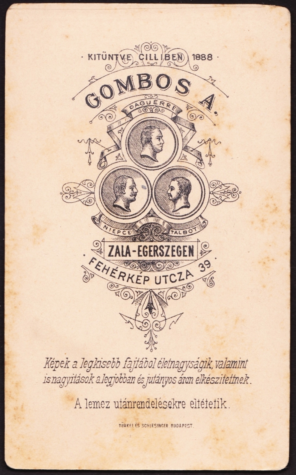 Hungary, Zalaegerszeg, Fehérkép utca 39., Gombos A. fényképész., 1900, Fortepan, studio, photographer, verso, Fortepan #81132