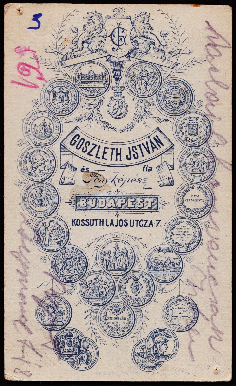 Magyarország, Budapest V., Kossuth Lajos utca 7., Goszleth István és fia fényképészek., 1900, Fortepan, műterem, fényképész, hátlap, Budapest, Fortepan #81140