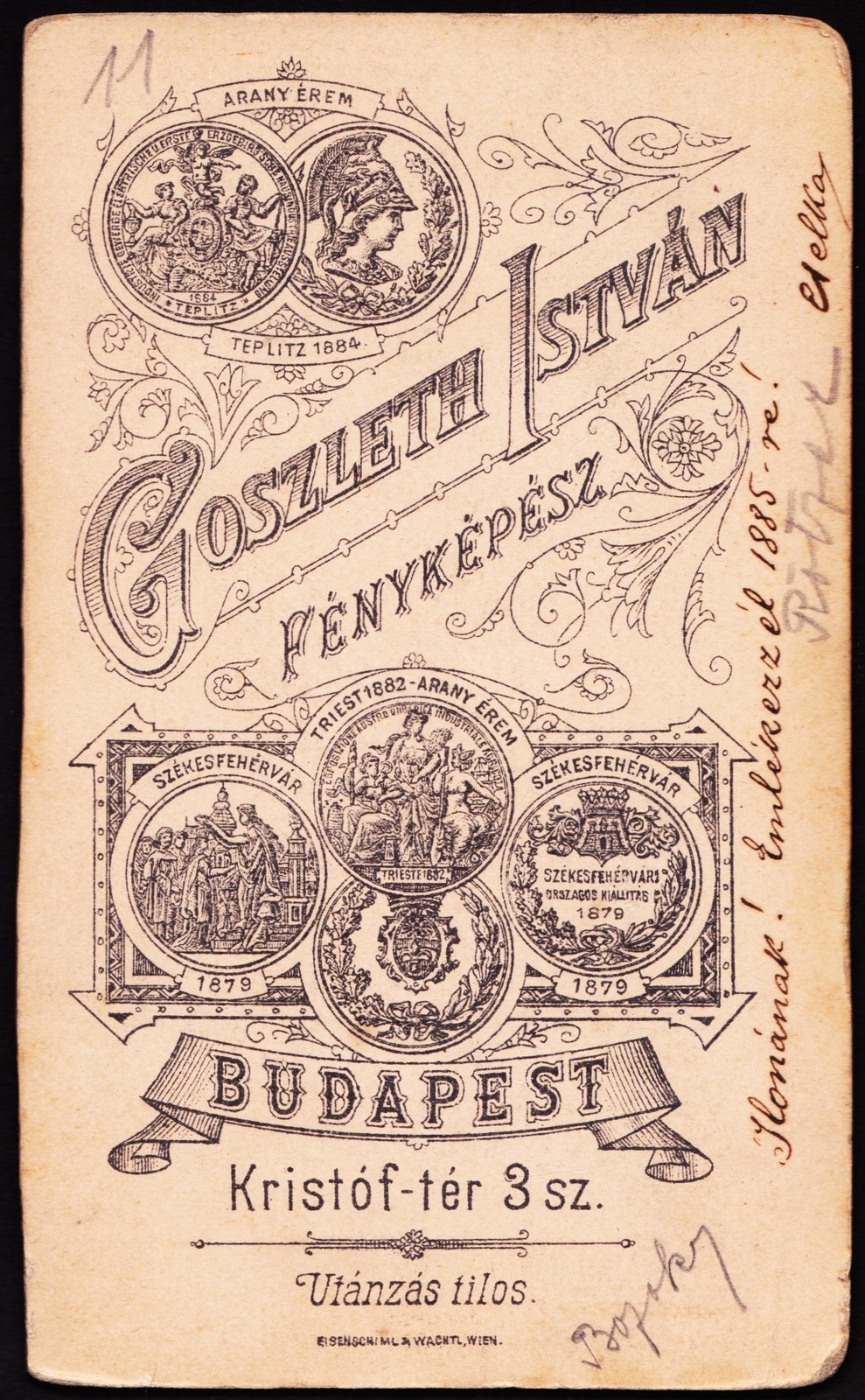 Hungary, Budapest V., Kristóf tér 3., Goszleth István fényképész., 1900, Fortepan, studio, photographer, verso, Budapest, Fortepan #81143