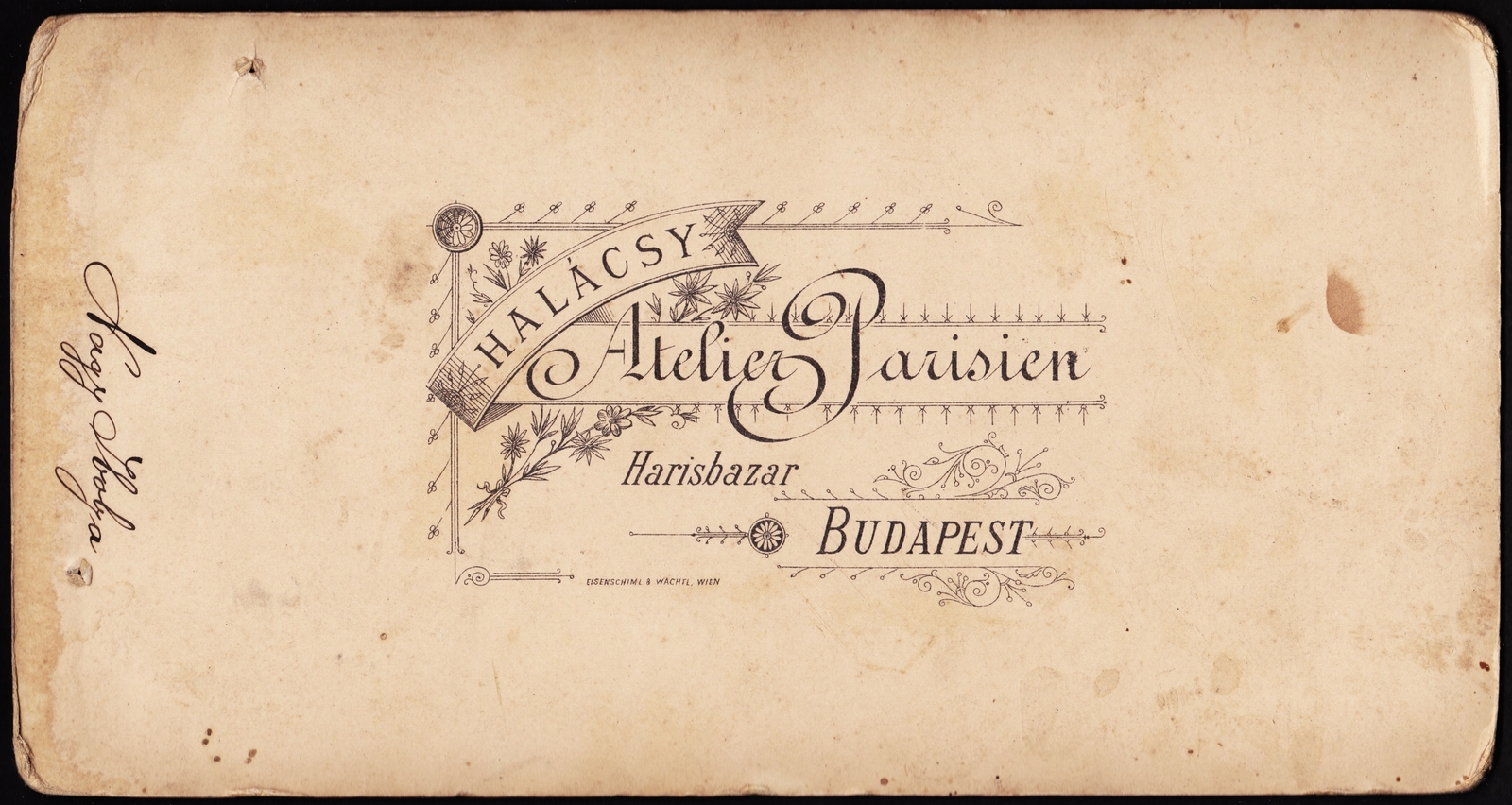 Hungary, Budapest V., Haris köz 1., Haris-bazár, Halácsy műterme., 1900, Fortepan, studio, photographer, verso, Budapest, Fortepan #81154