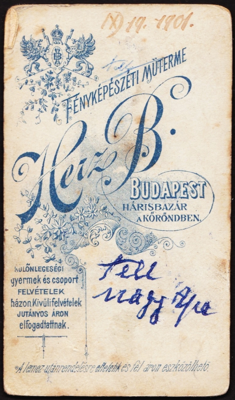 Hungary, Budapest V., Haris köz 1., Haris-bazár, Herz B. fényképészeti műterme., 1901, Fortepan, studio, photographer, verso, Budapest, Fortepan #81162