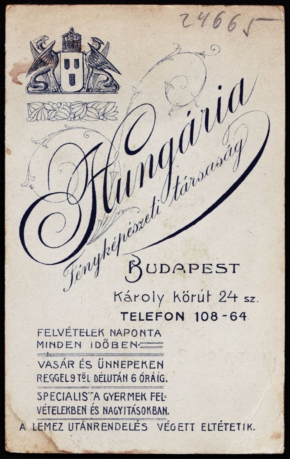 Hungary, Budapest V., Károly körút 24., Hungária Fényképészeti társaság., 1910, Fortepan, studio, photographer, verso, Budapest, Fortepan #81170